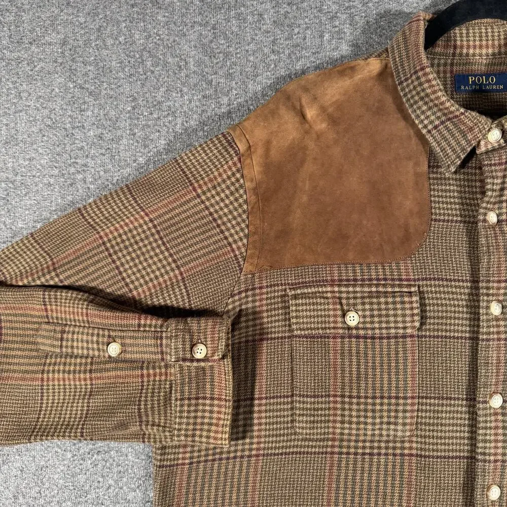 Polo Ralph Lauren Hunting Shirt Mens XXL Brown Plaid Flannel Suede Houndstooth
